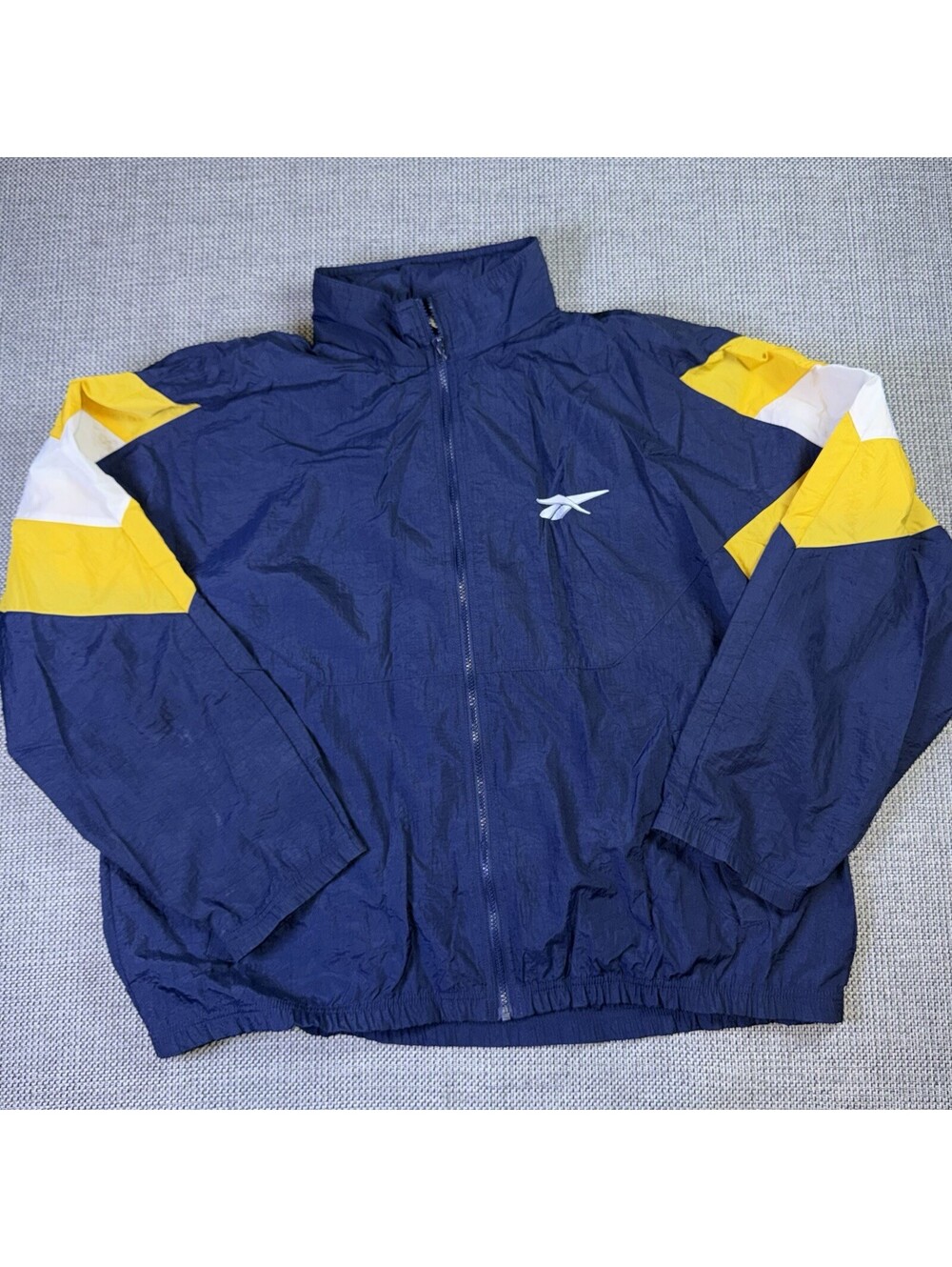 Vintage 90s Reebok Windbreaker Jacket XL Navy Yellow White Vector Big Logo Hood
